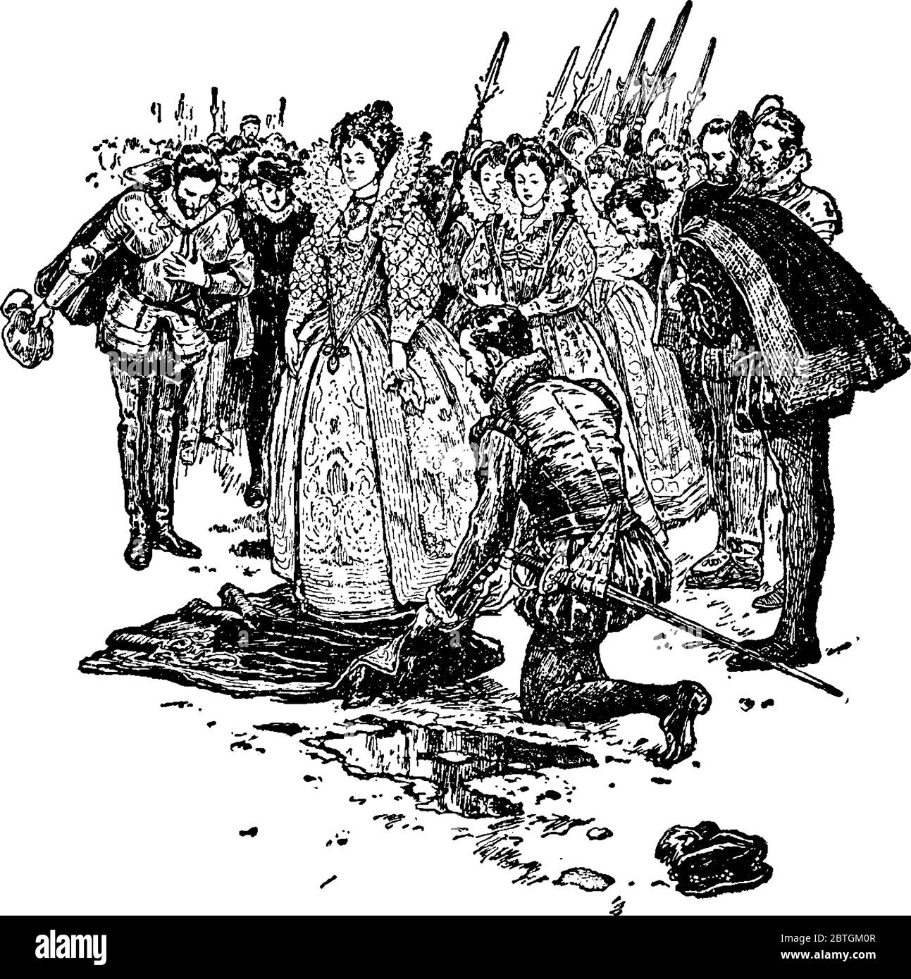 Sir Walter Raleigh a mis son manteau sur la boue pour laisser la reine Elizabeth traverser, dessin de ligne vintage ou illustration de gravure. Illustration de Vecteur