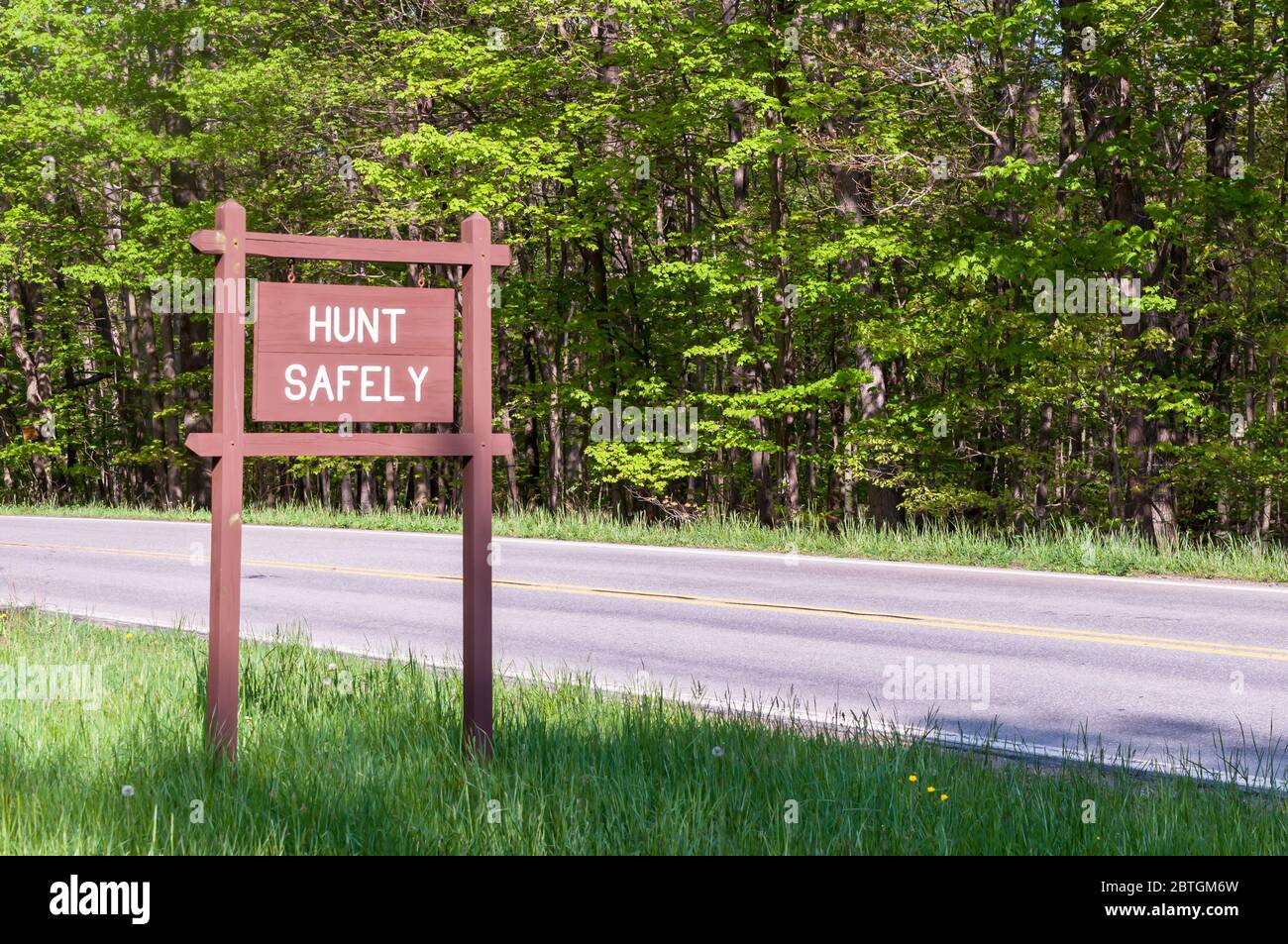 Un panneau en bois disant CHASSER EN TOUTE SÉCURITÉ sur le côté d'une route dans le comté de Venango, Pennsylvanie, USA, le jour ensoleillé du printemps Banque D'Images