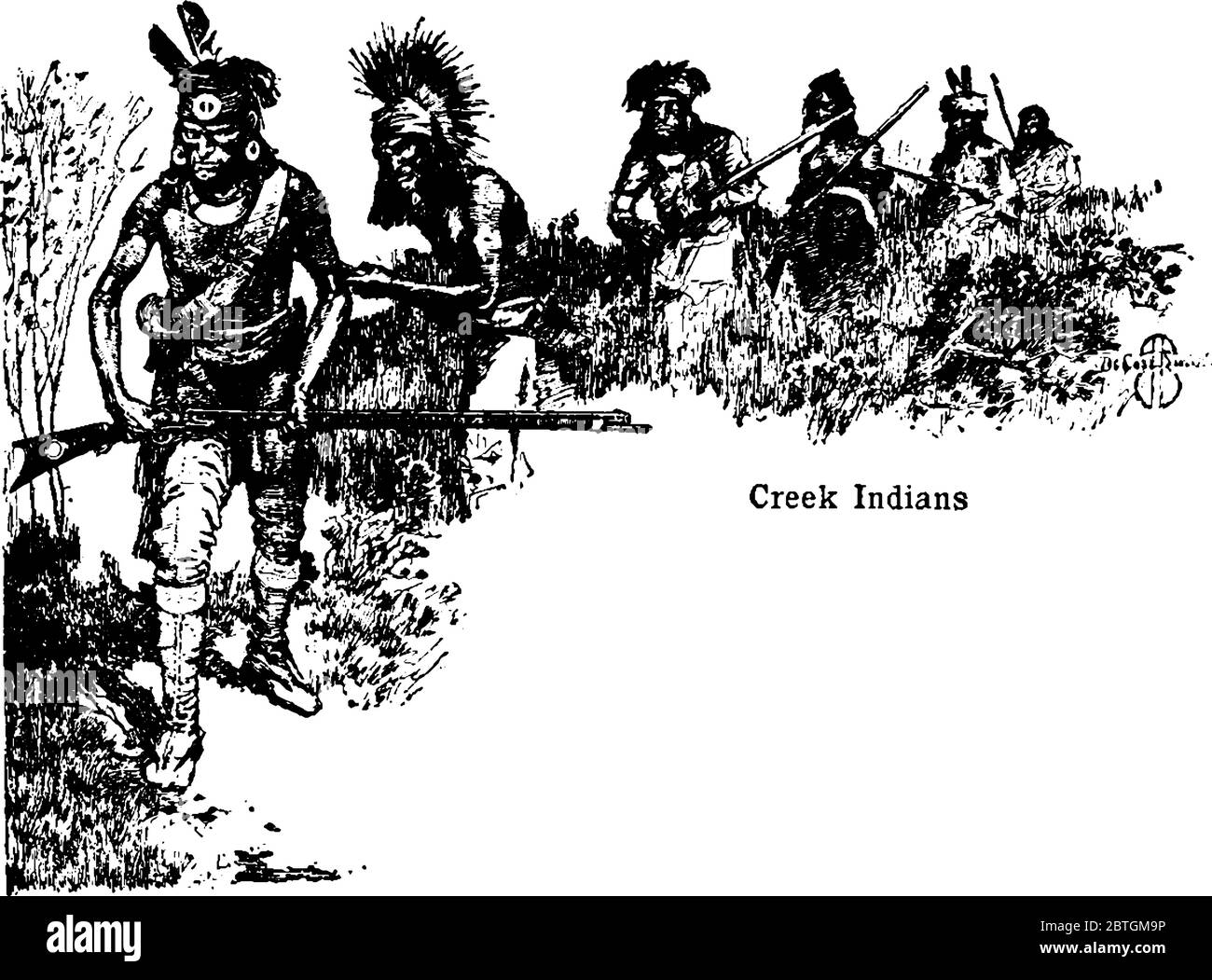 C'est l'une des cinq tribus civilisées appelées les indiens de ruisseau. Ils vivaient dans des bois du sud-est. Dans cette photo, les Indiens de creek sont trave Illustration de Vecteur