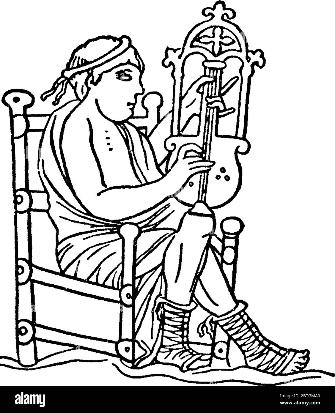 Le crwth, un instrument de musique à cordes archaïques, joué par un homme, assis sur une chaise, dessin de ligne vintage ou illustration de gravure. Illustration de Vecteur