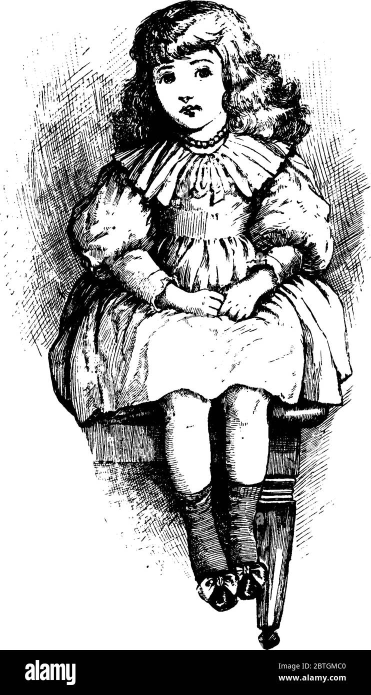 Une petite fille en robe de fantaisie, portant un collier et des chaussures élégantes est assise sur une table, dessin de ligne vintage ou illustration de gravure Illustration de Vecteur
