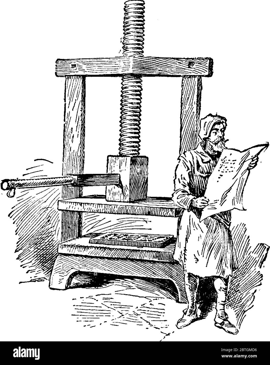 Première presse d'impression de l'époque de Gutenberg, dessin de ligne vintage ou illustration de gravure. Illustration de Vecteur