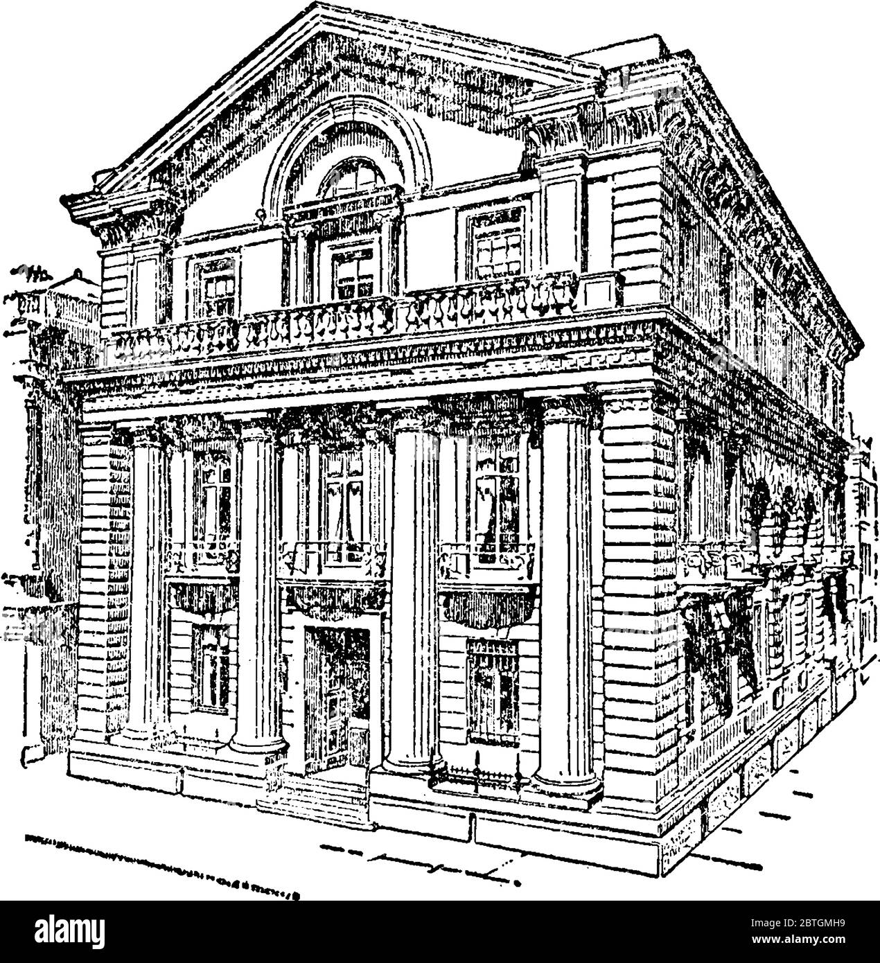 Une représentation typique de la vue de face du grand bâtiment, branche Liverpool de la banque d'Angleterre avec des dessins remarquables, ligne vintage drawin Illustration de Vecteur