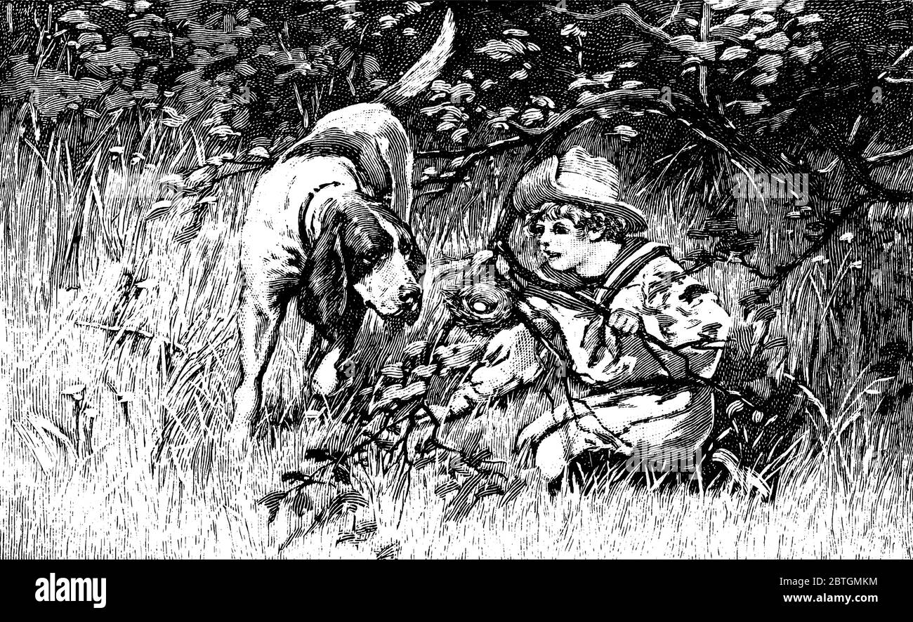 Un petit garçon nommé James, reposant ses mains sur les branches de l'arbre et regardant le sol. Son chien de compagnie le regardant vivement en se tenant dans son c Illustration de Vecteur Un petit garçon nommé James, reposant ses mains sur les branches de l'arbre et regardant le sol. Son chien de compagnie le regardant vivement en se tenant dans son c Illustration de Vecteur
