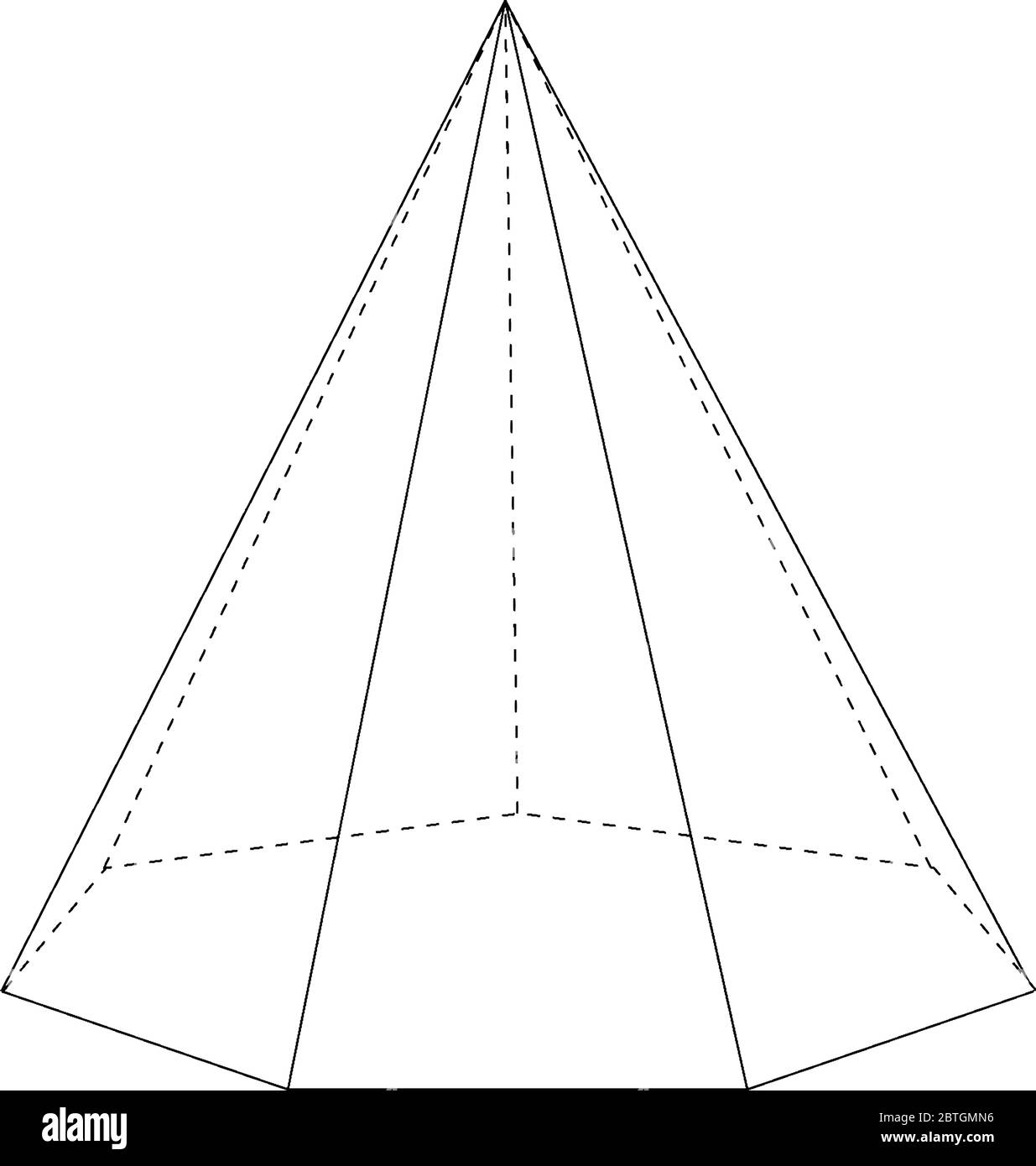 Construction géométrique d'une pyramide droite septagonale/heptagonale avec bords cachés illustrés. La base est un heptagon et les faces sont des triangles isosceles, Illustration de Vecteur