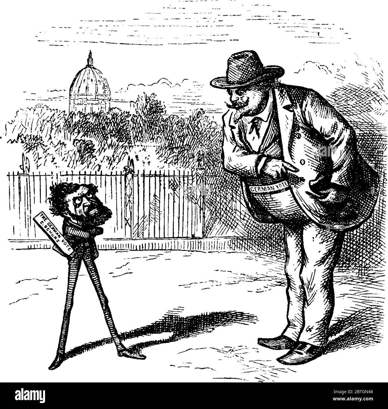 Cette caricature de dessin animé de Thomas Nast dépeint Carl Schurz et le vote allemand, dessin de ligne vintage ou illustration de gravure. Illustration de Vecteur