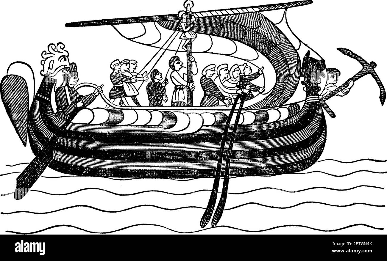 La tapisserie de Bayeux, un tissu brodé de longueur et de hauteur moyennes, dépeint l'événement, Harold sur son chemin à l'ancre sur la côte de Normandie, vintage Illustration de Vecteur