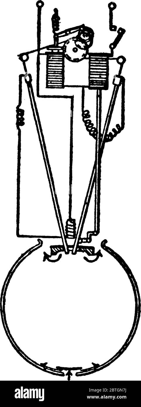 Représentation typique d'une lampe à arc inclinée au feu de carbone, d'un arc électrique traversant l'air entre deux tiges de carbone, d'un dessin de ligne vintage ou d'un grav Illustration de Vecteur