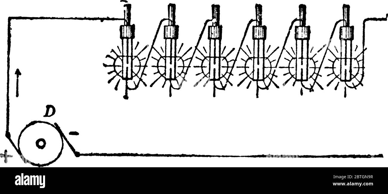 Le système d'arcs lumineux est un dispositif utilisé pour obtenir la lumière électrique en dirigeant un courant d'électricité par un milieu résistant, comme un gaz ou un CA Illustration de Vecteur