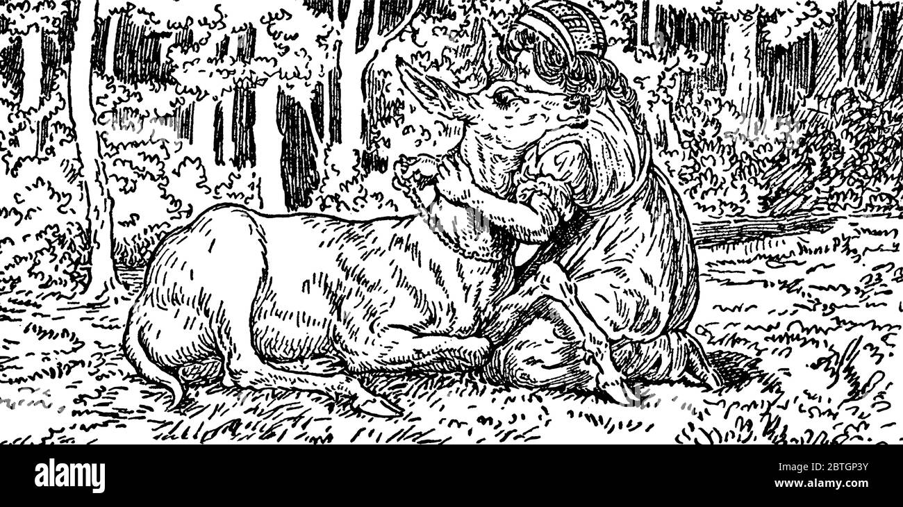 Représentation typique d'une petite fille épeillée au sol et en câliner un cerf reposant dans la forêt, dessin de ligne vintage ou illustration de gravure Illustration de Vecteur
