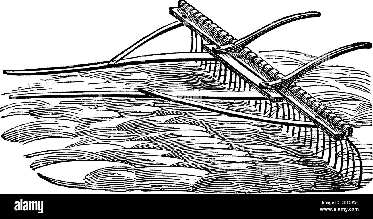 Le râteau à dents à ressort est un outil utilisé dans l'industrie agricole pour couper l'herbe ou les cultures, dessin de ligne vintage ou illustration de gravure. Illustration de Vecteur