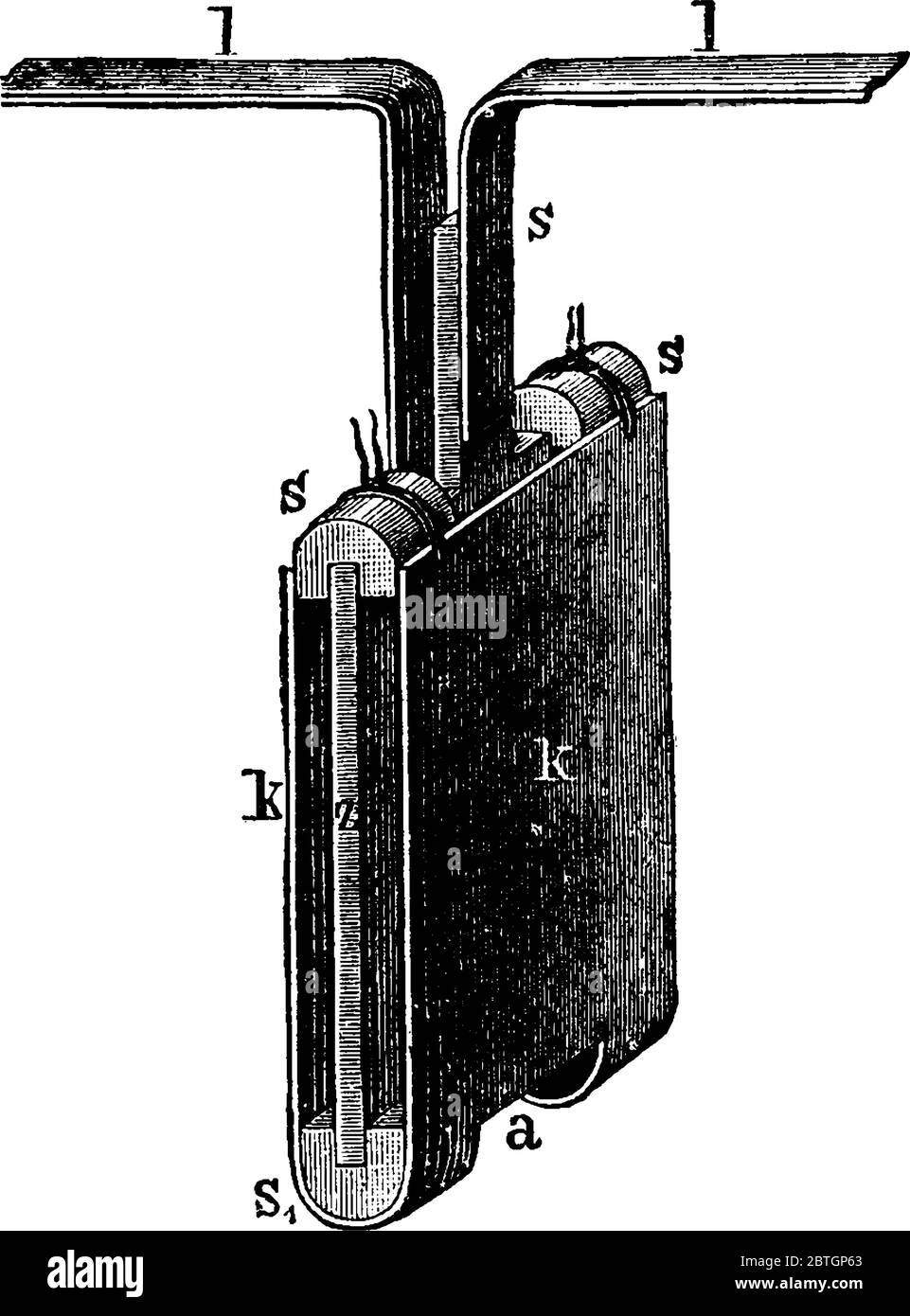 Dans la batterie de Wollaston, la boîte en bois a été remplacée par un récipient en faïence, et une plaque en cuivre a été courbée en U, avec une seule plaque de zin Illustration de Vecteur