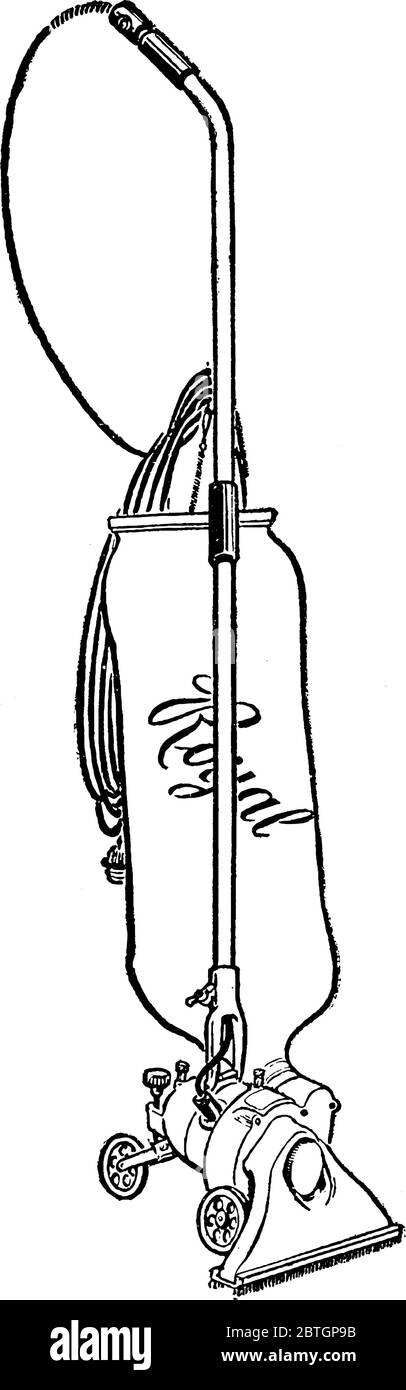 L'aspirateur électrique est utilisé pour nettoyer les maisons, ou d'autres bâtiments, dessin de ligne vintage ou illustration de gravure. Illustration de Vecteur