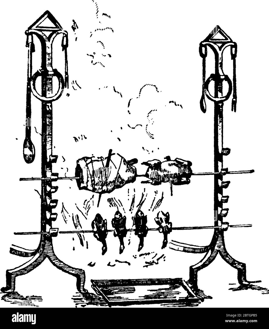 c'est une image de fer rack, autrefois utilisé, sur lequel une broche a été accrochée avant un feu, la viande étant cuite sur un feu, la méthode de rôtissage de la cuisson est s. Illustration de Vecteur