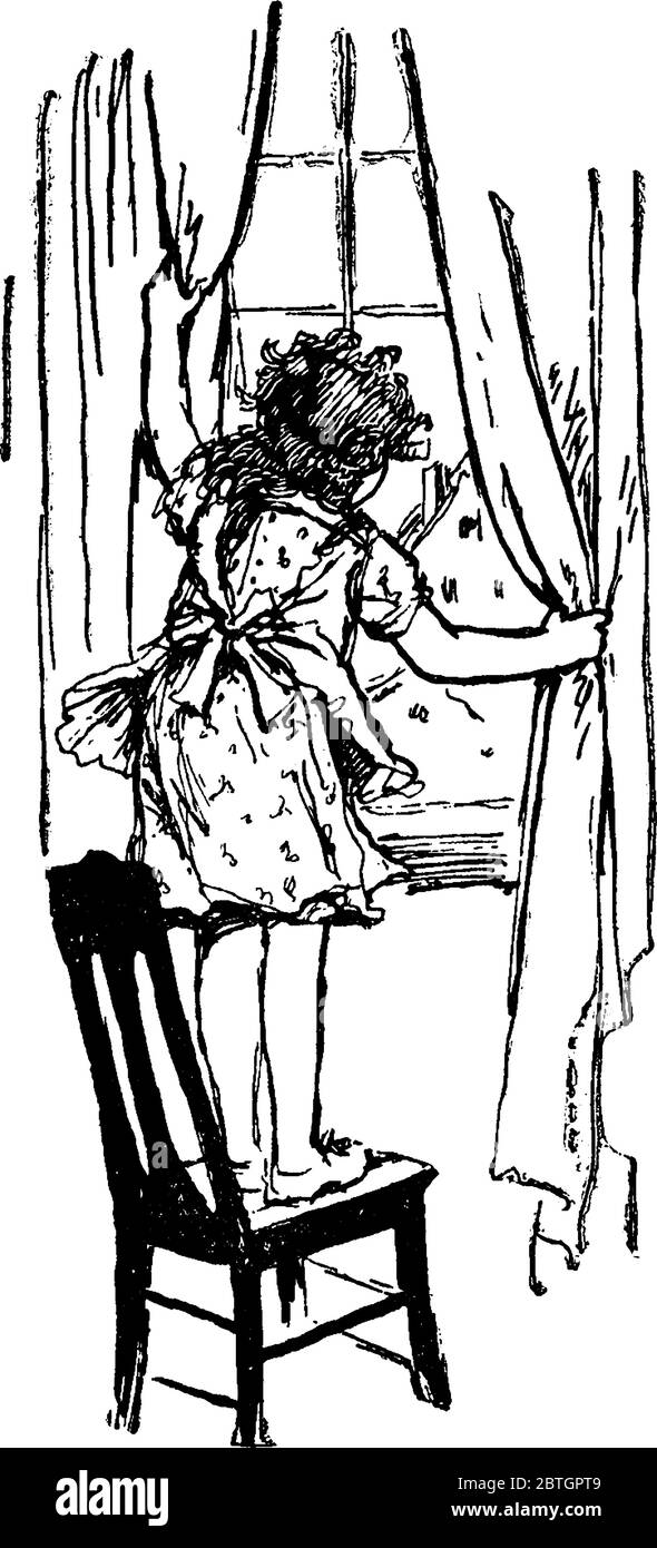 Une petite fille se tient sur une chaise pour regarder par une fenêtre. Elle retient les rideaux. La fille a des cheveux bouclés et porte une robe chasuble sur son patter Illustration de Vecteur