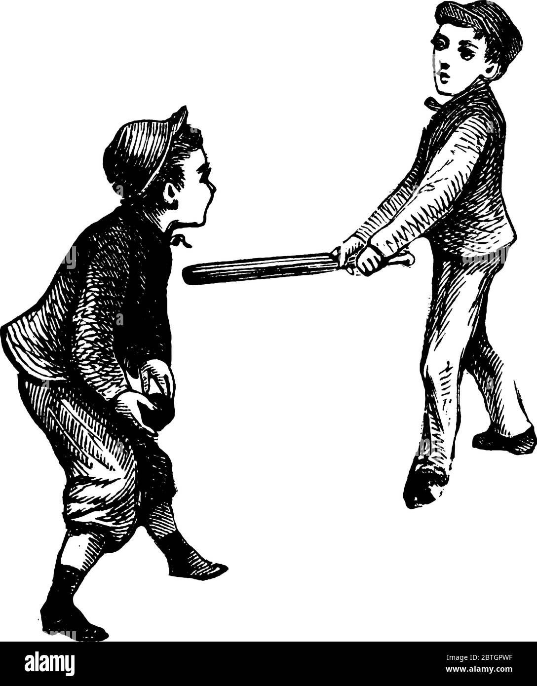Deux garçons jouant au jeu de baseball, l'un ayant un bâton de base et l'autre tenant la balle, dessin de ligne vintage ou illustration de gravure. Illustration de Vecteur