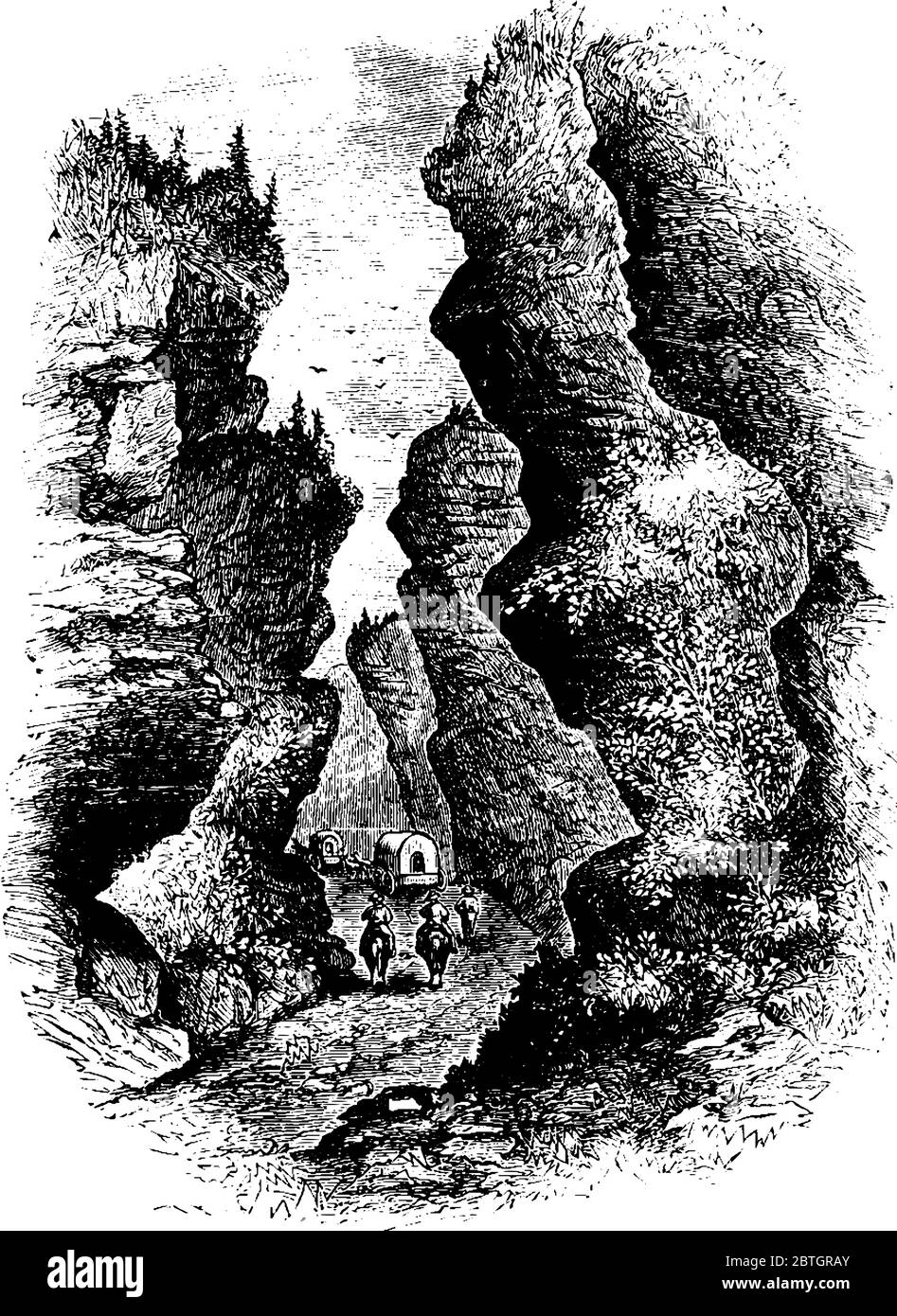 Le col de montagne est une large voie formée entre deux montagnes pour la marche, le dessin de ligne vintage ou l'illustration de gravure. Illustration de Vecteur