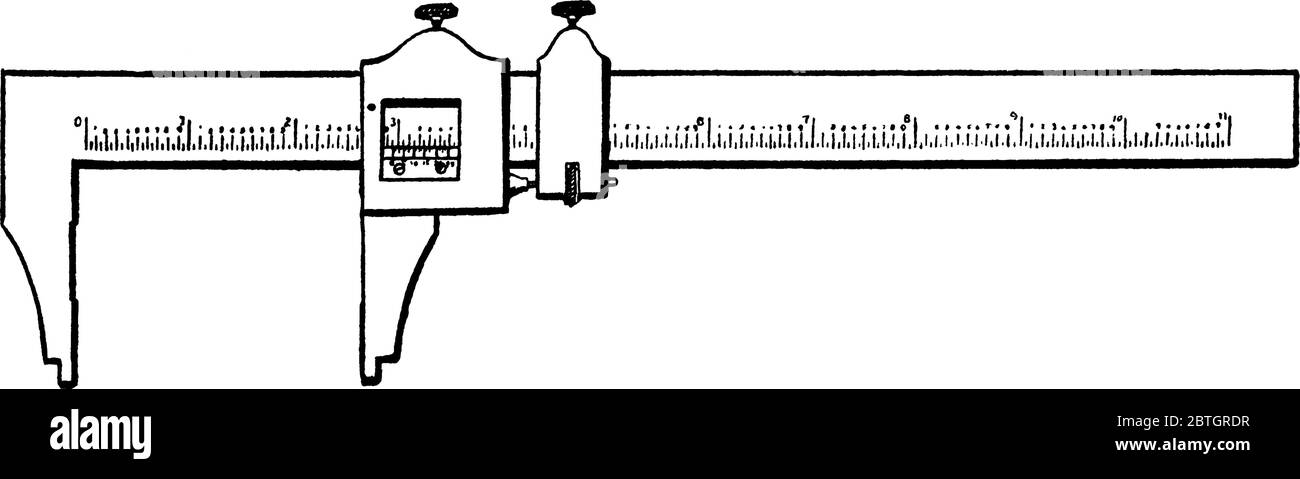 Pied à coulisse, utilisé pour effectuer une mesure précise entre deux graduations sur une échelle linéaire en utilisant une interpolation mécanique ; le Illustration de Vecteur