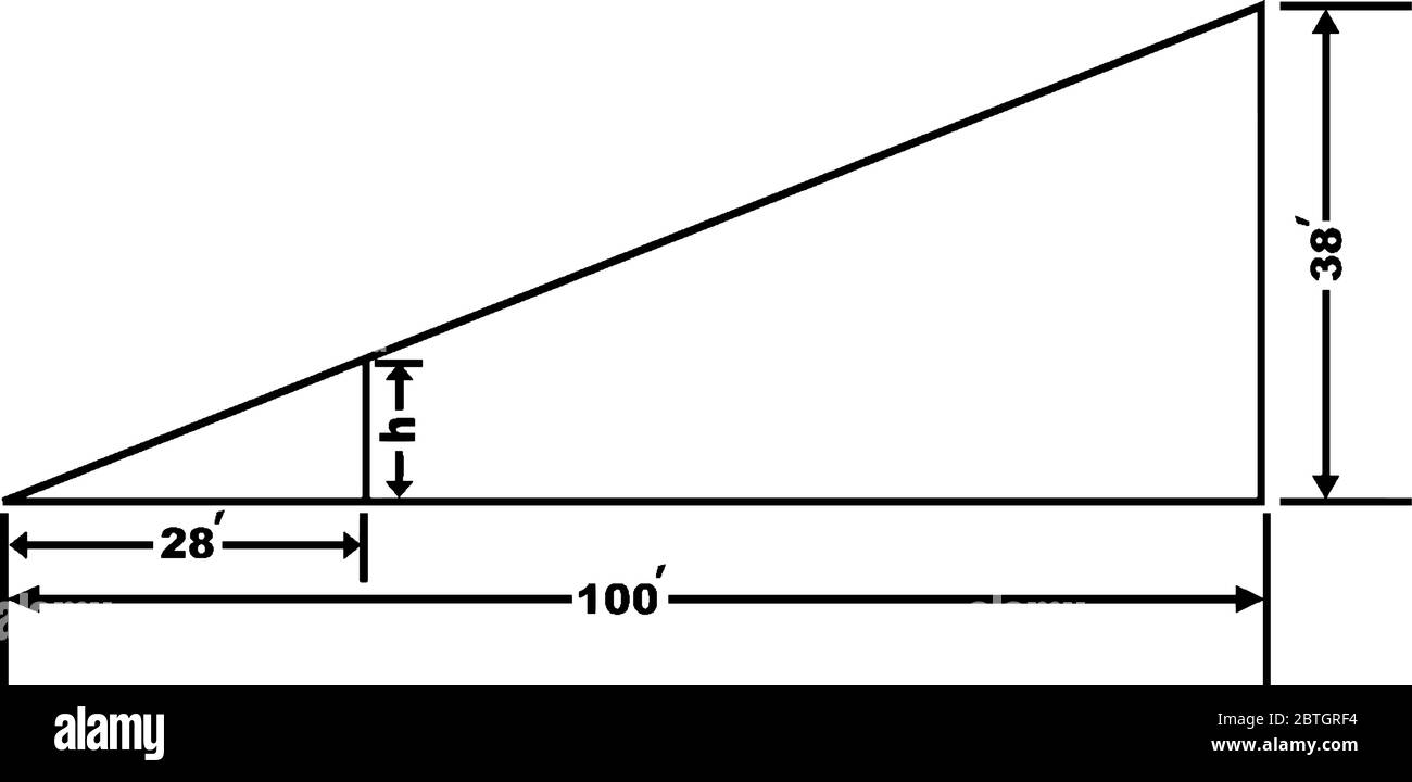 Triangle à angle droit avec base de 100 pouces et côté perpendiculaire de 38 pouces, dessin de ligne vintage ou illustration de gravure. Illustration de Vecteur