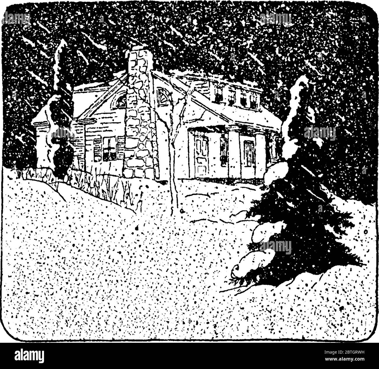 Figure montrant un blizzard apporté des chutes de neige si profondes que la maison avait la neige, le dessin de ligne vintage ou l'illustration de gravure. Illustration de Vecteur