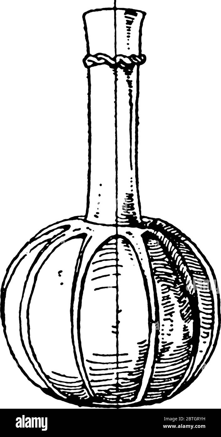 Cette ancienne bouteille allemande est faite de verre torant avec corps rond en forme de citrouille et long cou droit que l'on trouve dans la région de spessart en Allemagne, vint Illustration de Vecteur