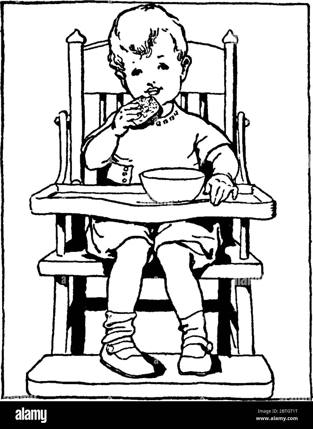 Figure montrant un tout-petit mangeant du pain et un bol est sur une table de chaise, dessin de ligne vintage ou illustration de gravure. Illustration de Vecteur