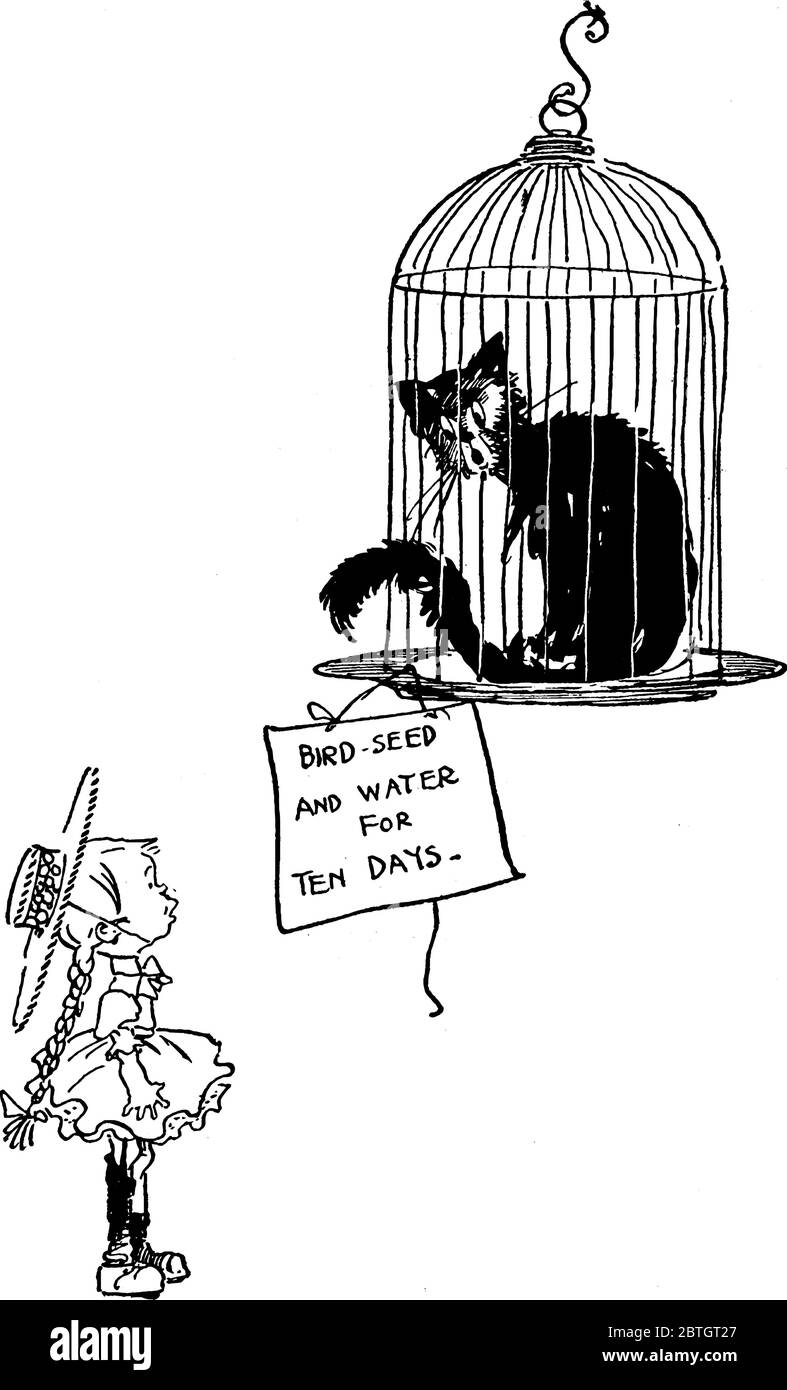 Dessin animé montrant une petite fille regardant un chat dans la cage d'oiseau, dessin de ligne vintage ou illustration de gravure. Illustration de Vecteur
