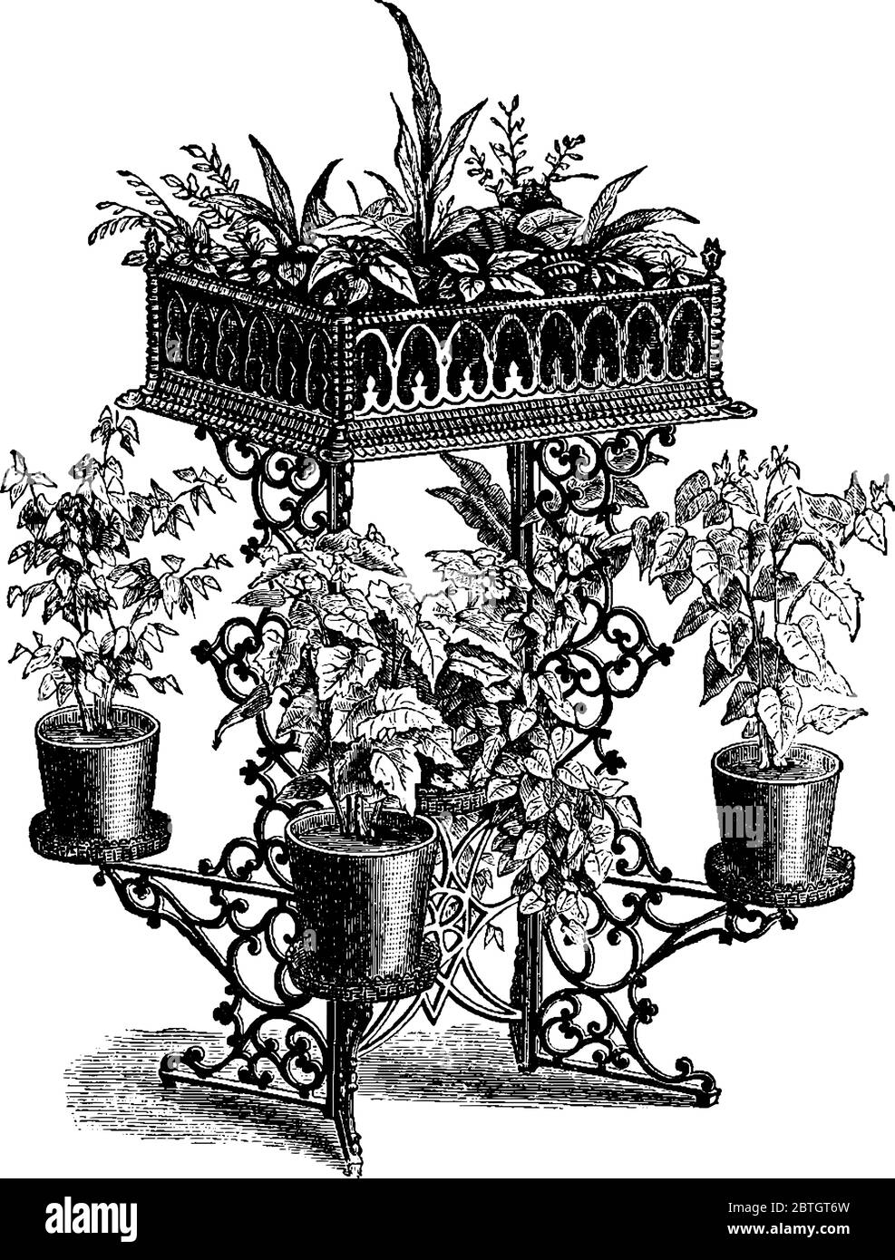 Support en fer ayant plus d'un plateau pour pots, dessin de ligne vintage ou illustration de gravure. Illustration de Vecteur