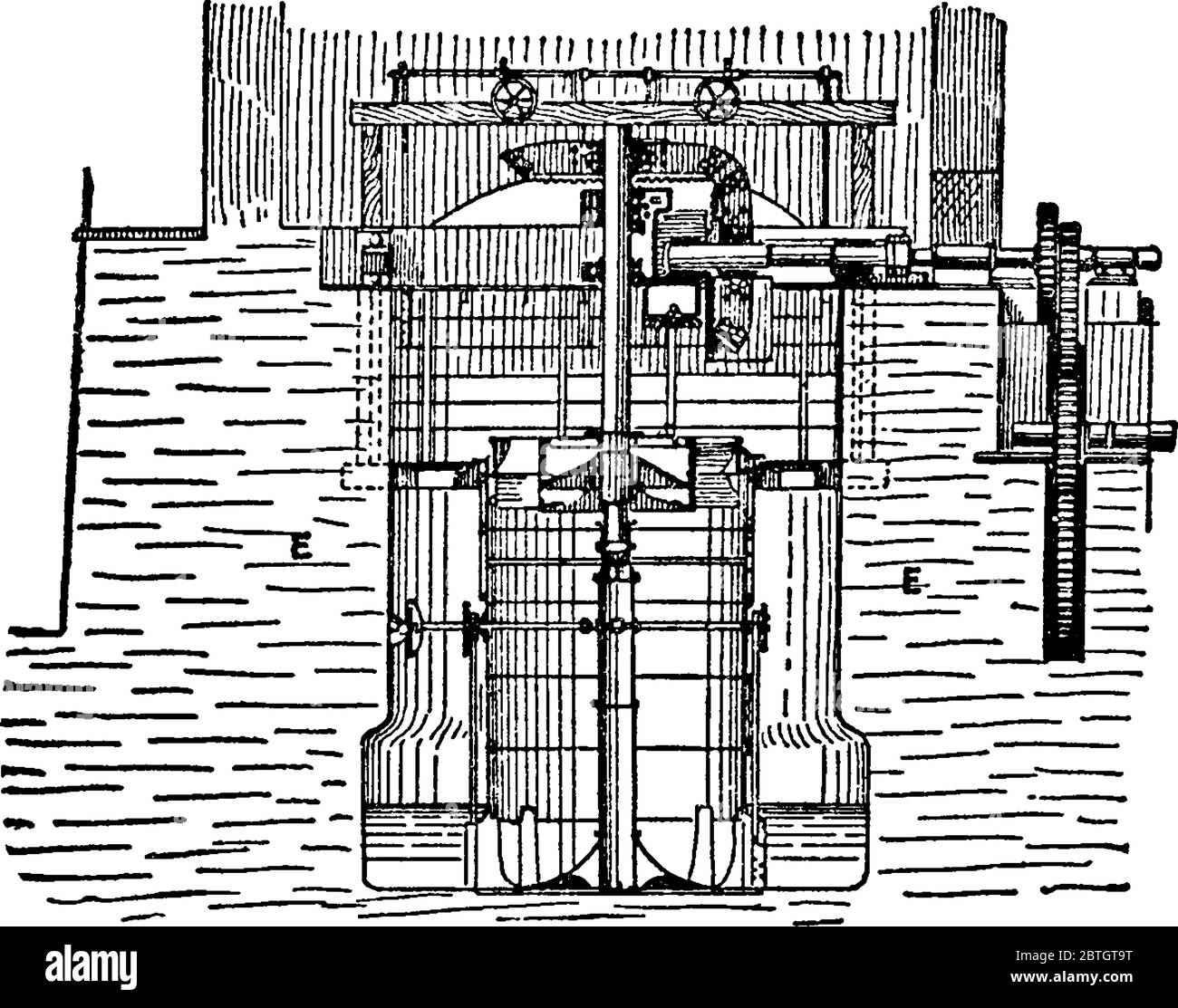 Jonval turbine, équipée d'un tuyau d'aspiration et d'une vanne circulaire équilibrée pour l'admission et la coupure de l'alimentation en eau, le dessin de ligne vintage ou engr Illustration de Vecteur