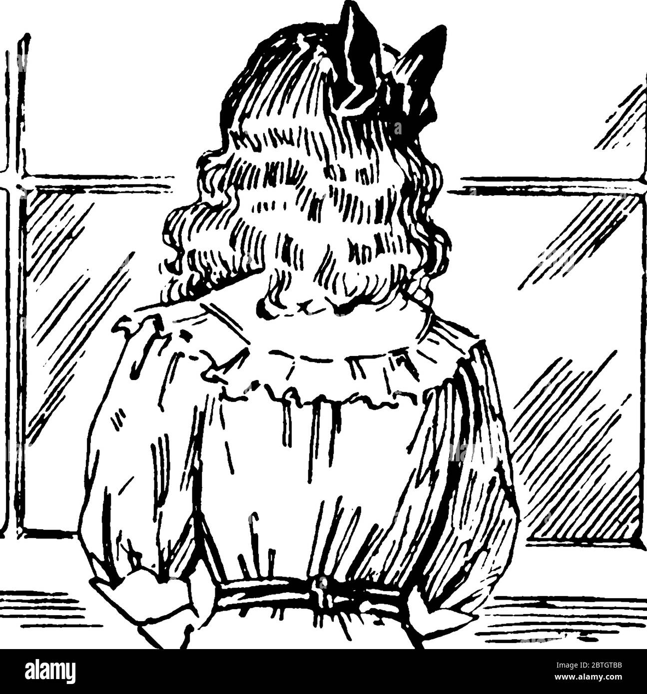 L'image représente le dos de la fille à la fenêtre avec un noeud attaché à ses cheveux amples, dessin de ligne vintage ou illustration de gravure. Illustration de Vecteur