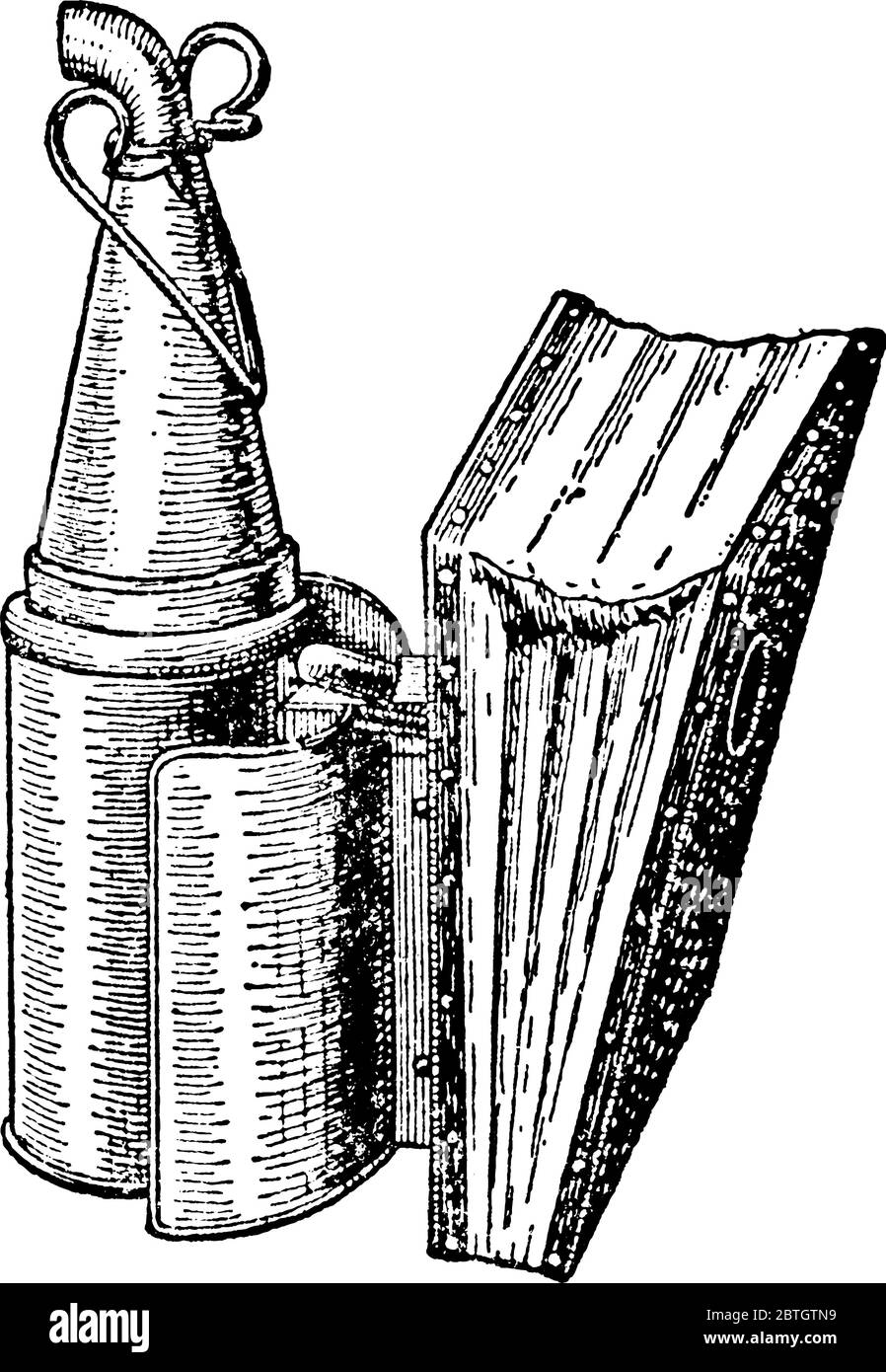 Un dispositif typiquement utilisé dans l'apiculture pour calmer les abeilles agitées, avec l'aide de la fumée et ainsi protéger les apiculteurs, le dessin de ligne vintage ou engra Illustration de Vecteur