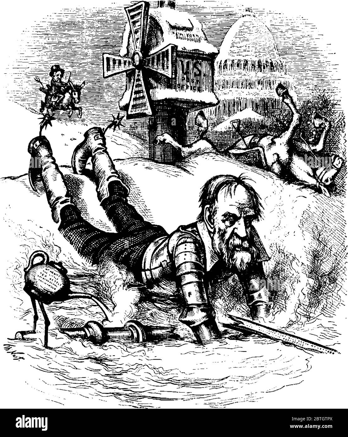 Cette caricature de dessin animé de Thomas Nast dépeint Abraham Hewitt comme Don Quichotte est tombé du cheval, dessin de ligne vintage ou illustration de gravure. Illustration de Vecteur