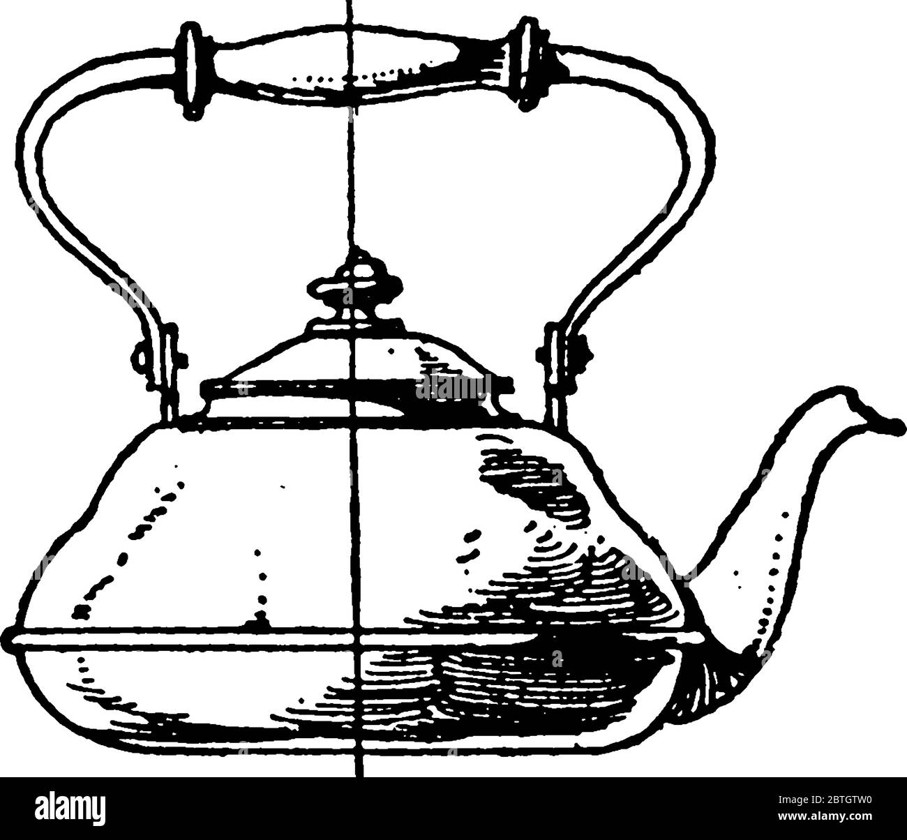Ce pot à bec est une bouilloire moderne avec poignée en anneau, bande en bois et fond plat. Il est fait de cuivre, de dessin de ligne vintage ou e Illustration de Vecteur
