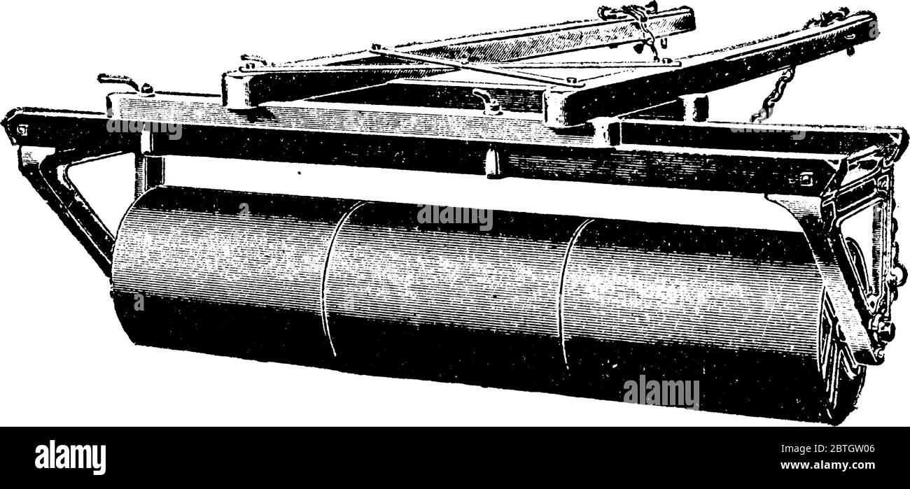 Iron Roller outil agricole avec un grand rouleau de fer attaché au cadre utilisé pour compacter le sol et les mottes de coups, dessin de ligne vintage ou gravi Illustration de Vecteur
