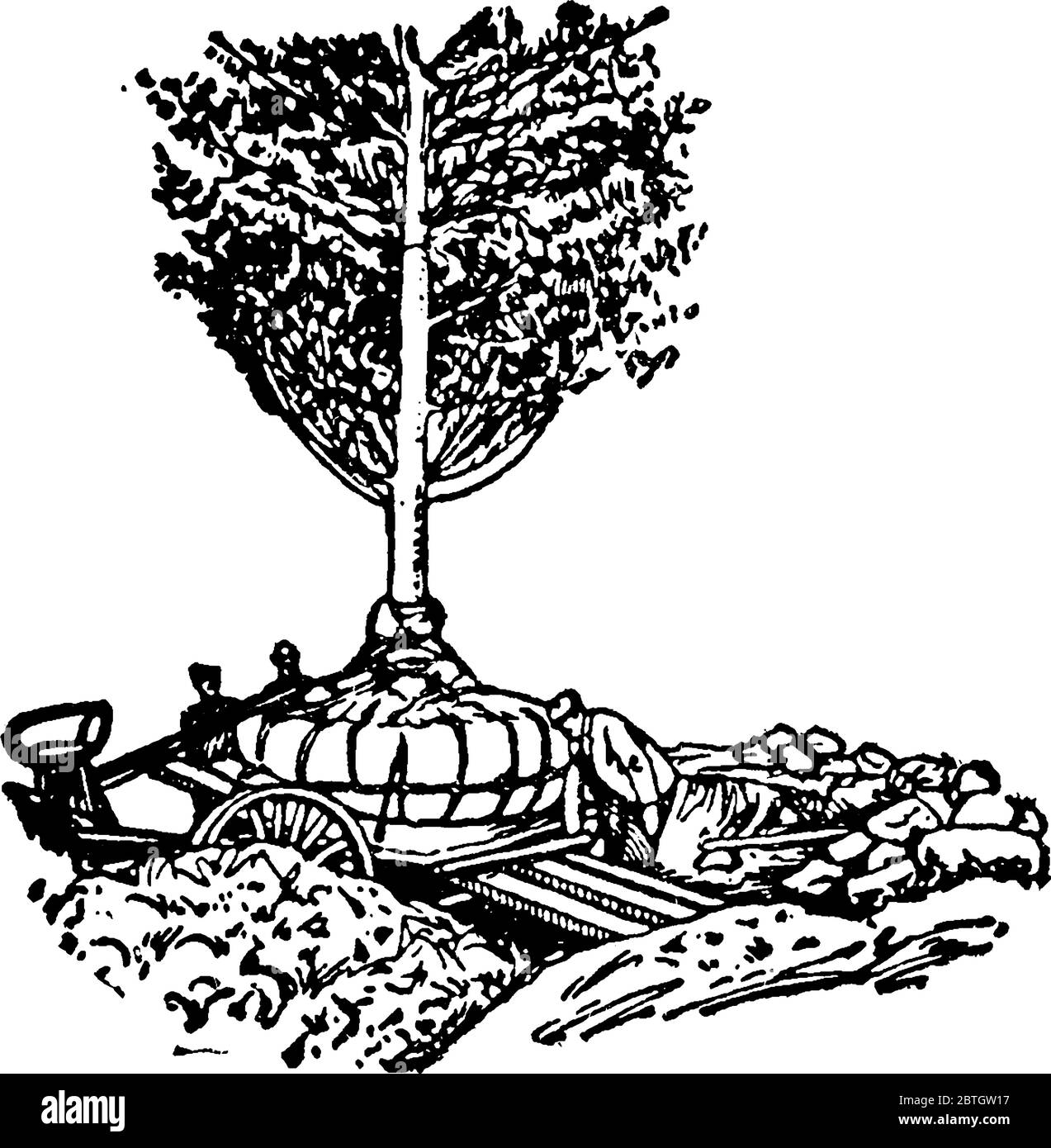 Illustration montrant une machine qui enlève l'arbre de ses racines, dessin de ligne vintage ou gravure. Illustration de Vecteur