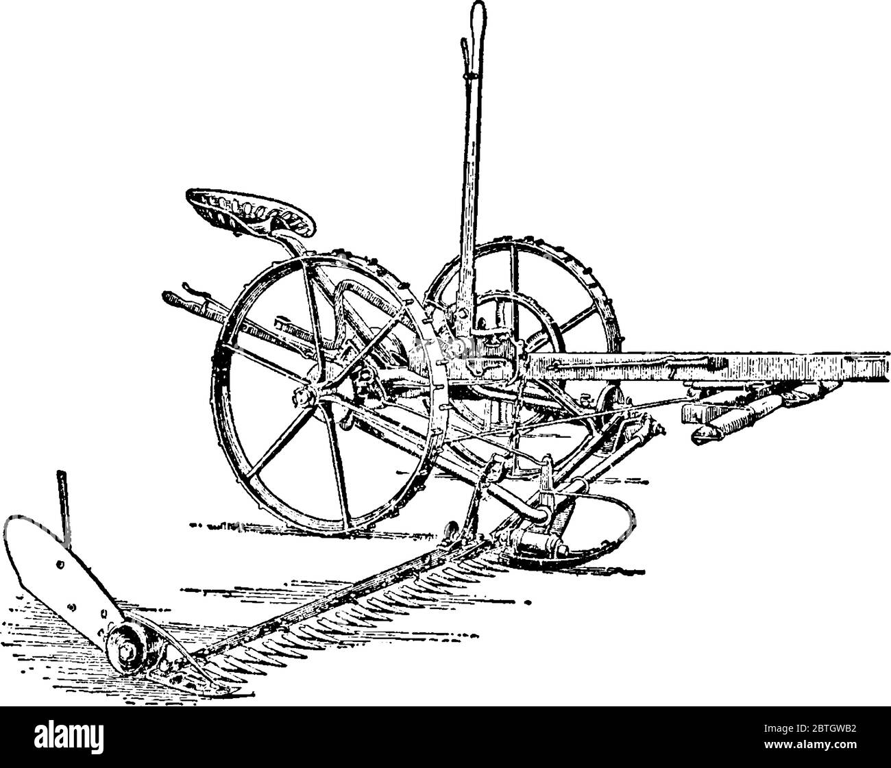 Une tondeuse, l'outil utilisé pour couper le foin, le dessin de ligne vintage ou l'illustration de gravure. Illustration de Vecteur