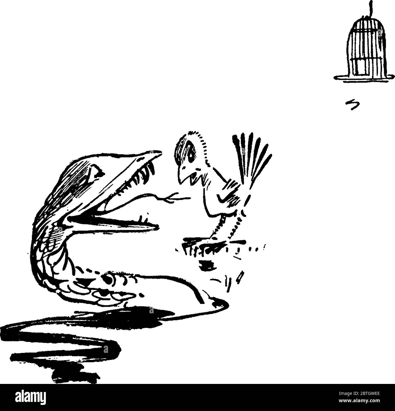 Dessin animé montrant canari et serpent, dessin de ligne vintage ou illustration de gravure. Illustration de Vecteur