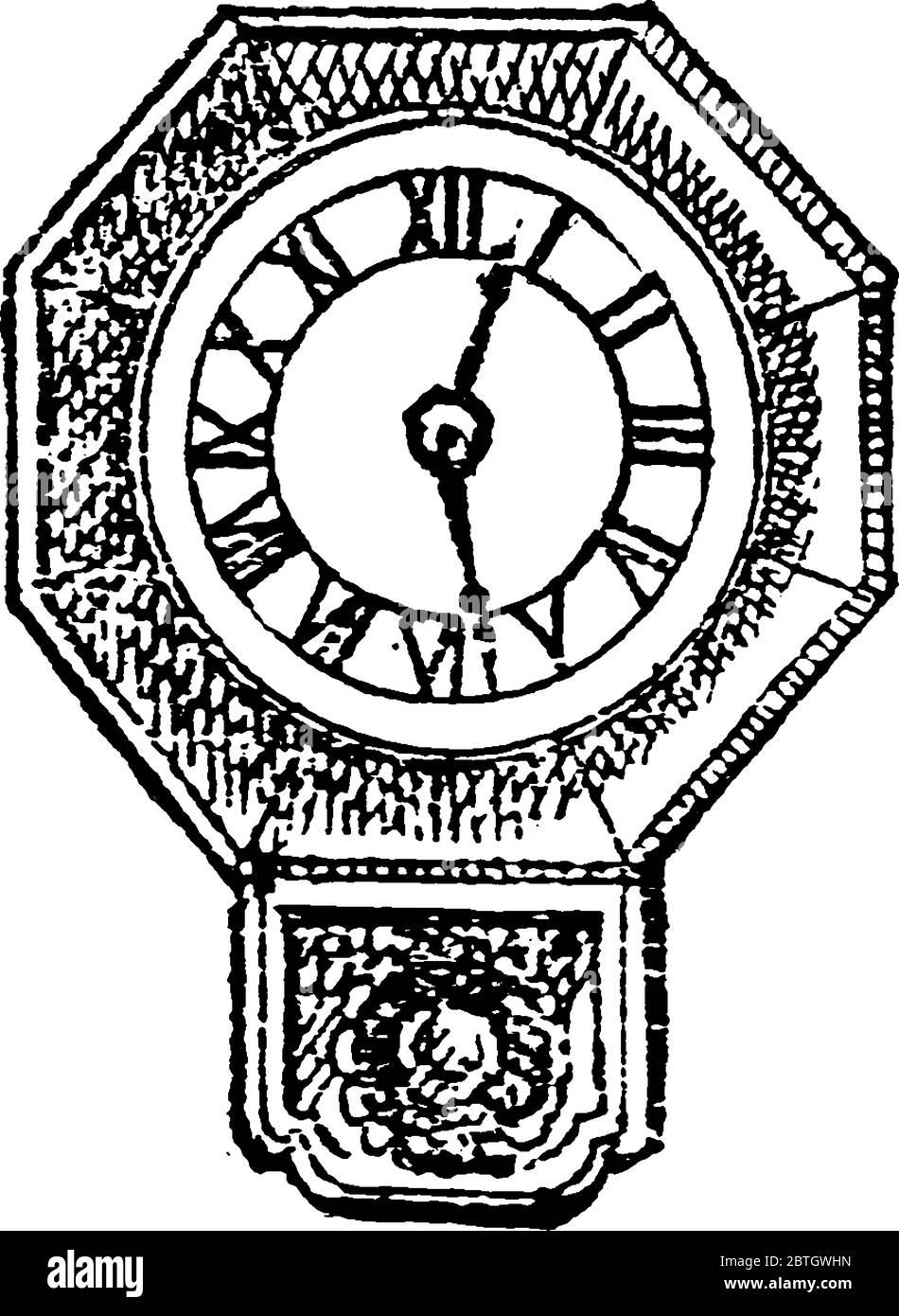 Représentation typique d'une horloge murale, d'un instrument ou d'une machine utilisée dans notre vie quotidienne pour mesurer et afficher l'heure, ligne vintage Illustration de Vecteur