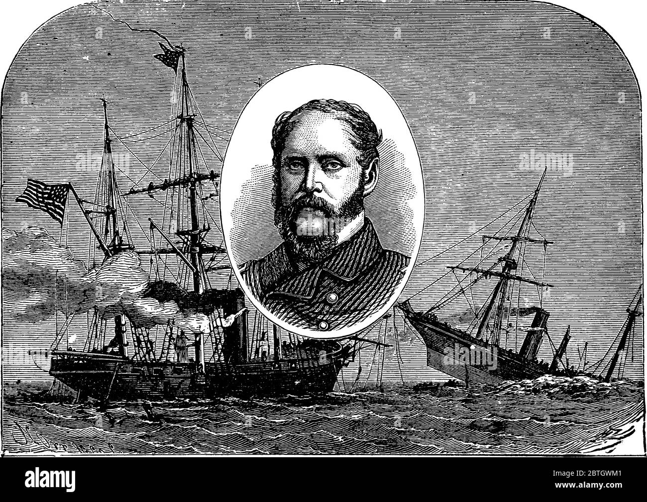 Un officier de marine capitaine Ancrum Winslow au centre et troisième navire d'assaut amphibie de classe Wasp de la marine des États-Unis, appelé USS Kearsarge (LHD-3), Illustration de Vecteur