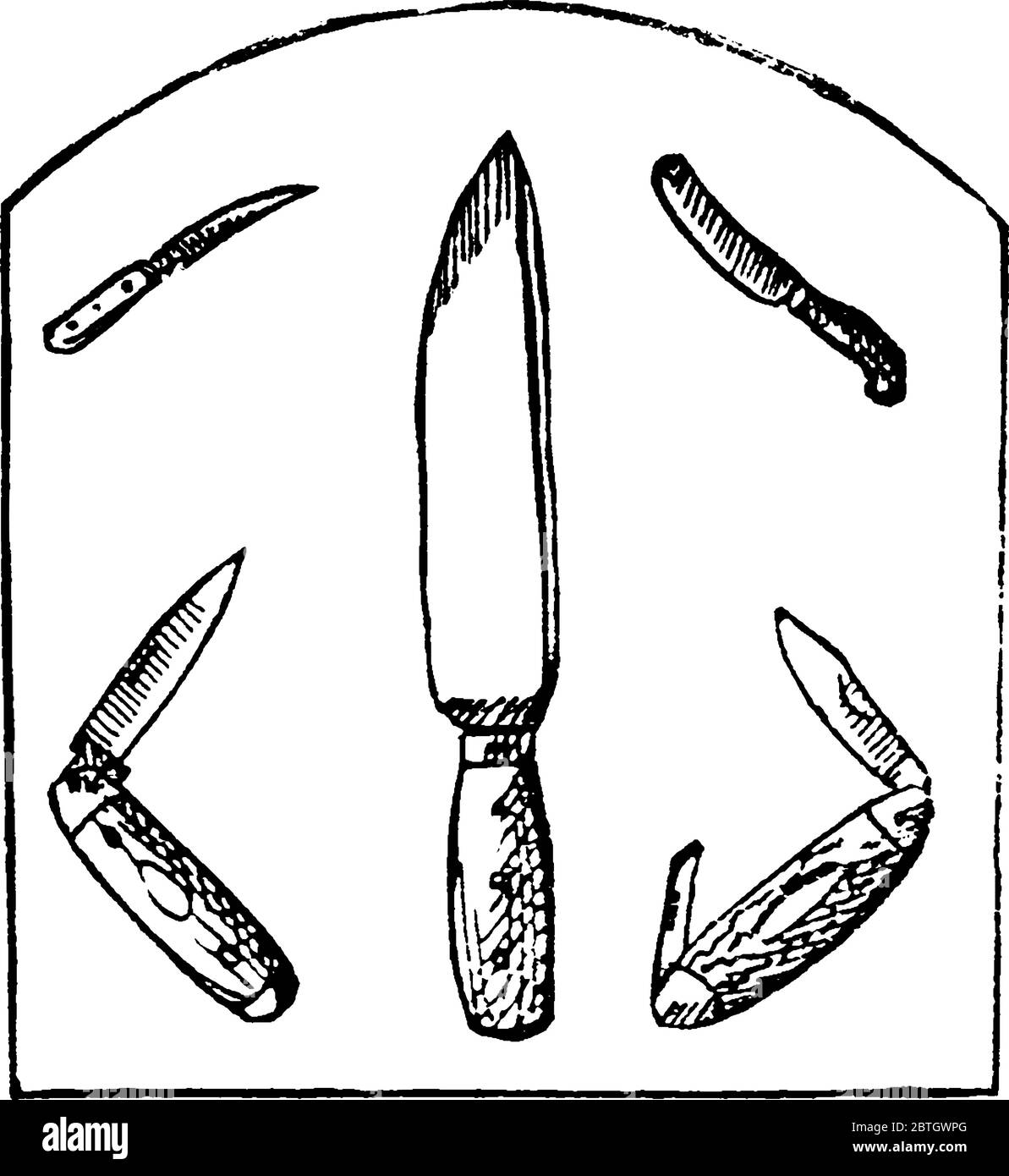 Couteaux de différentes tailles, dessin de ligne vintage ou illustration de gravure. Illustration de Vecteur