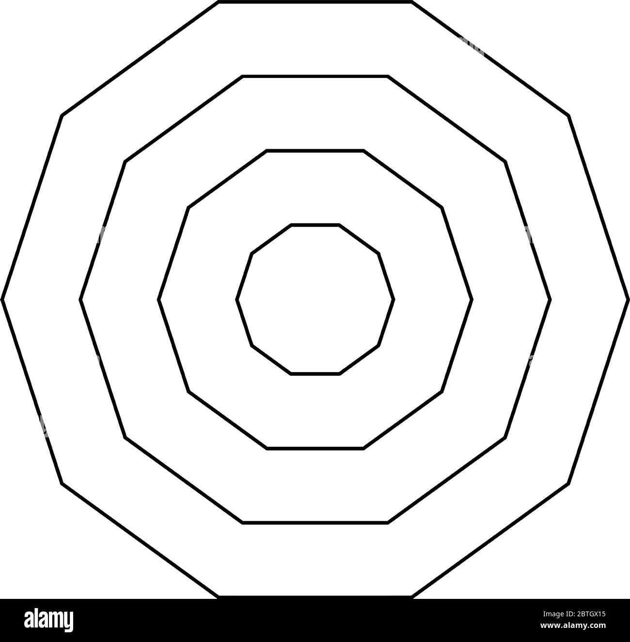 Quatre polygones réguliers concentriques à dix côtés avec un espacement égal entre eux, dessin au trait vintage ou illustration de gravure. Illustration de Vecteur