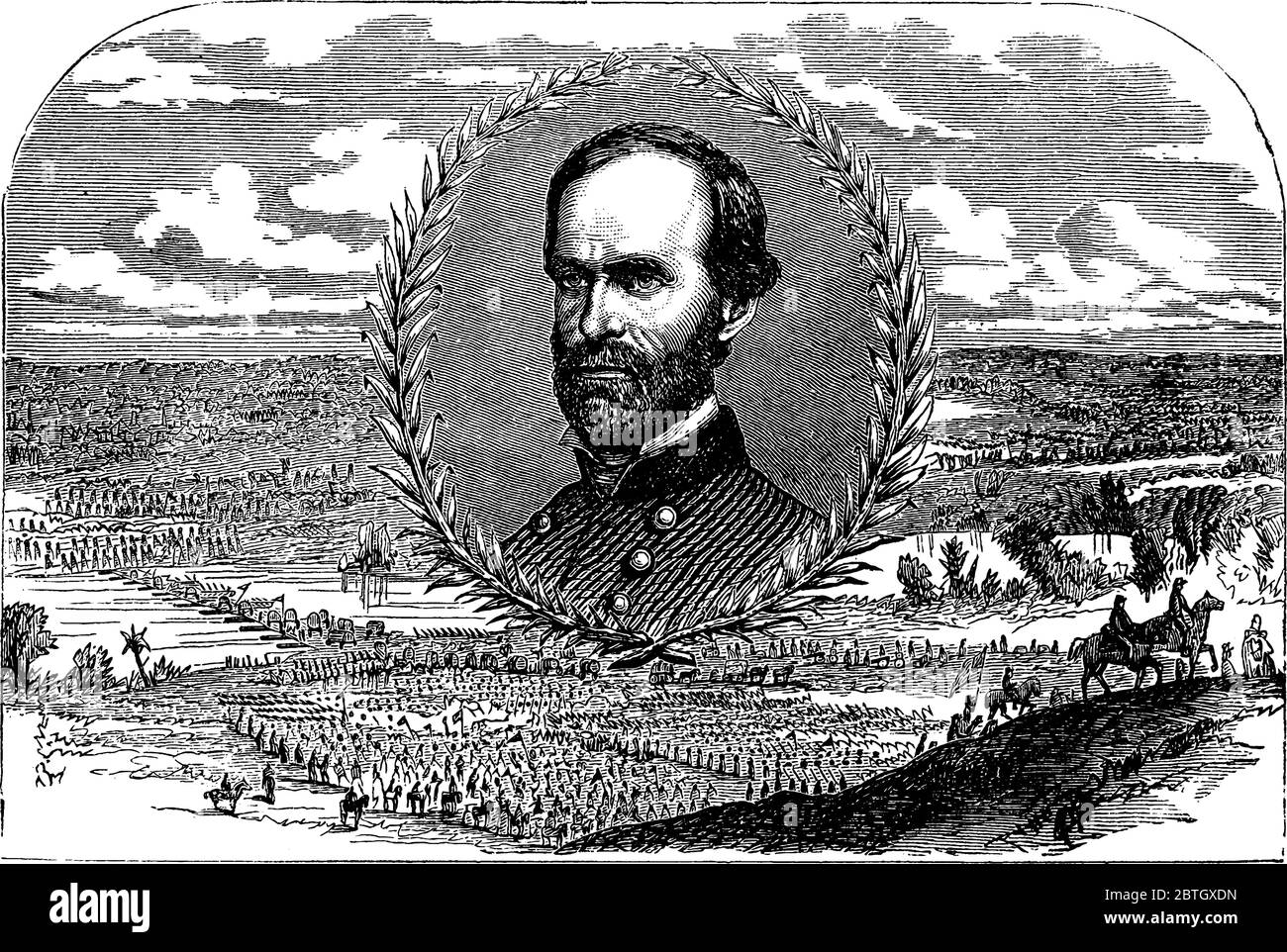 Figure montrant le général William Tecumseh Sherman, il était général de l'Union pendant la guerre de Sécession, dessin de ligne d'époque ou illustration de gravure. Illustration de Vecteur