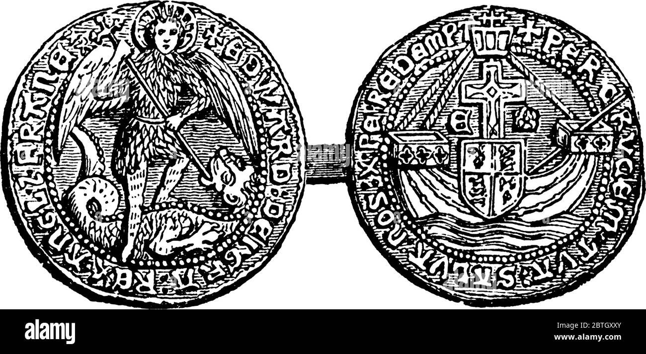 Une pièce d'or avec photo d'ange Michael qui a servi de premier rayon de protection, dessin de ligne vintage ou illustration de gravure. Illustration de Vecteur