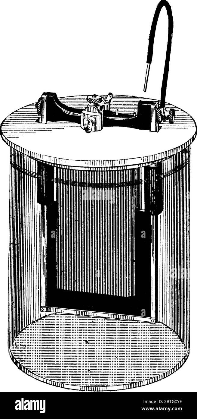 Un ensemble expérimental, avec une plaque d'oxyde noir de cuivre suspendue entre deux plaques de zincand le fluide est une solution de potasse caustique dans wat Illustration de Vecteur
