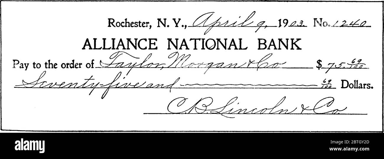 c'est un chèque personnel, qui est un feuillet de papier qui vous permet d'effectuer des paiements de votre compte bancaire à quelqu'un, de dessin de ligne vintage ou de gravi Illustration de Vecteur