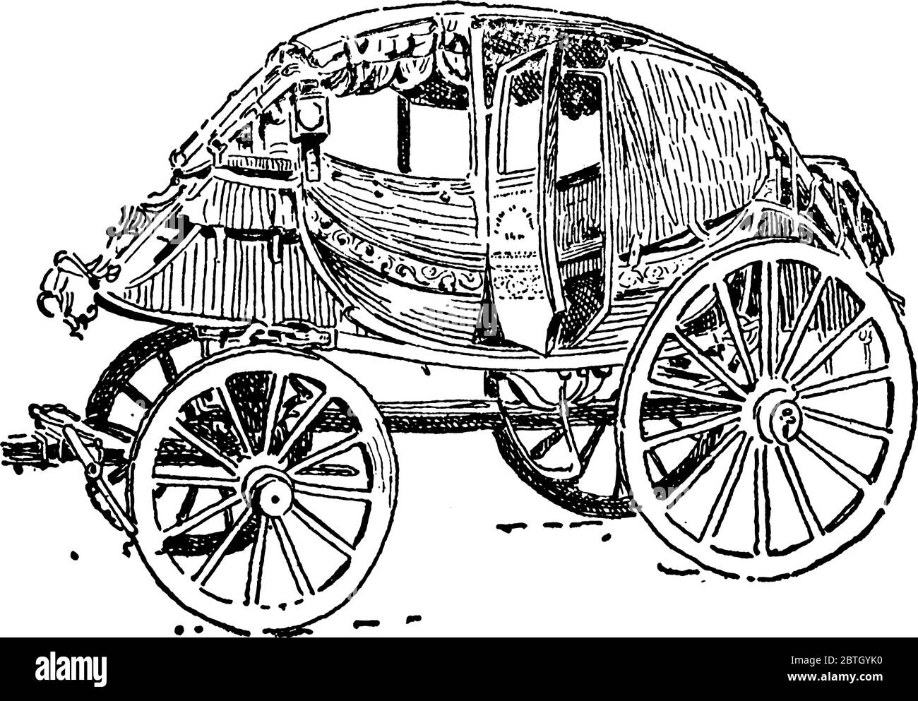 Un entraîneur de scène du XVIIIe siècle, avec quatre grandes roues. Dans les temps anciens, il a été utilisé pour le transport, tiré par le cheval, ligne vintage drawin Illustration de Vecteur