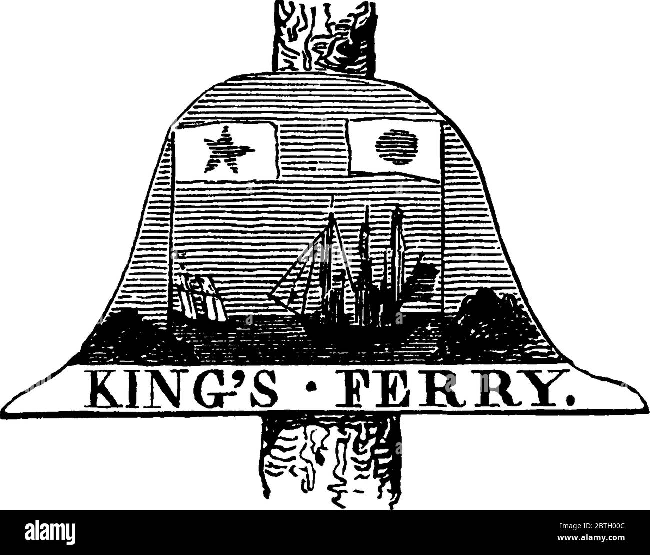 Un vieux panneau pour King's Ferry sur la rivière Hudson, dessin de ligne d'époque ou illustration de gravure. Illustration de Vecteur