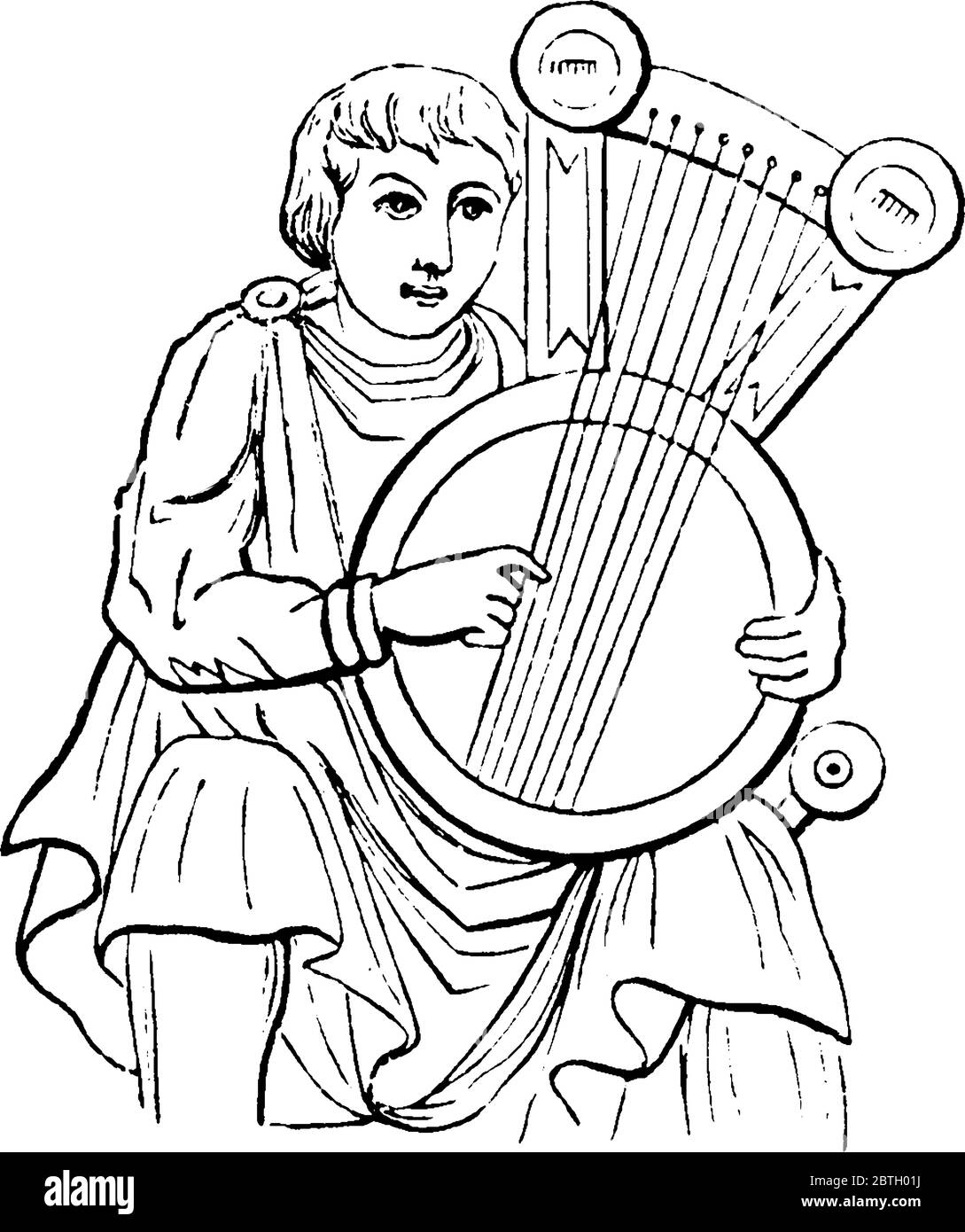 Un homme assis et utilisant l'instrument de musique, une lyre, dessin de ligne vintage ou illustration de gravure. Illustration de Vecteur