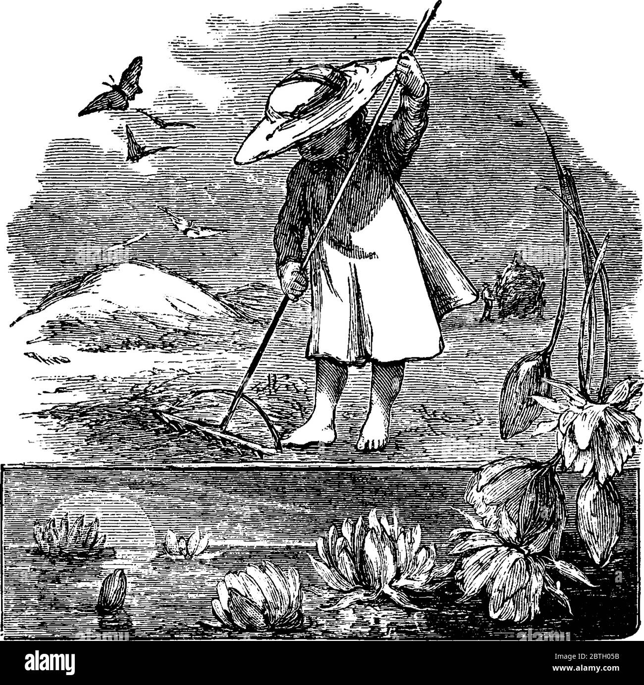Une petite fille raking, essayant d'enlever les feuilles d'automne et les lames d'herbe qui n'ont pas survécu à l'hiver., dessin de ligne vintage ou illustration de gravure. Illustration de Vecteur