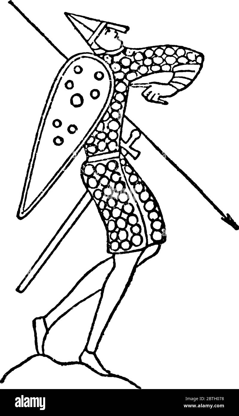 Homme lourdement blindé debout sur le sol, avec un de ses talons relevés et tenant une épée, bouclier et lance, dessin de ligne vintage ou gravure il Illustration de Vecteur